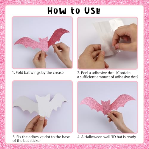 Halloween 3D Glitter Paper Bat Wall Decorations - Pink & Blue, 48 Pcs, 4 Sizes