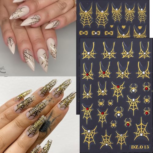Halloween Nail Art Stickers Decals with Rhinestones - 4 Sheets with Spider Web & Goth Design - Variation 19