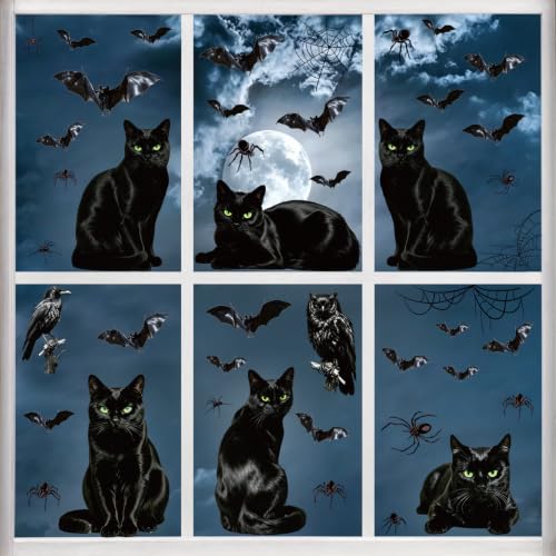Halloween Window Clings Set - Black Cat Bat Owl Decorations for Glass Windows - Black Cat Variation