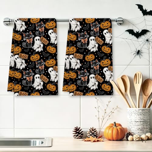 Halloween Kitchen Towels Set - Black Cat Ghost Boo Design, 2 Pcs, Towel13