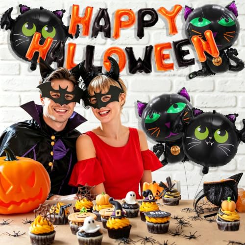 Halloween Foil Balloons with Banner Bat Cat Mylar Party Decorations