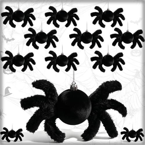 Halloween Spider Tree Decorations Set - 12 Black Fluffy Ornaments for Holiday Decor