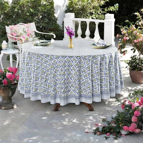 Ridhi Hand Block Print Cotton Round Tablecloth 90 Inch - Light Steel Blue