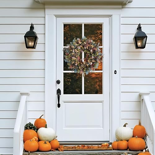24-Inch Autumn Wreath with Maple Leaves and White Fruits for Fall Home Decor