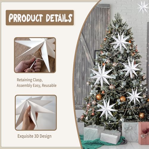 White 12 Pack 9-Pointed Large 3D Paper Star Lanterns with Star Garland for Party & Home Decor