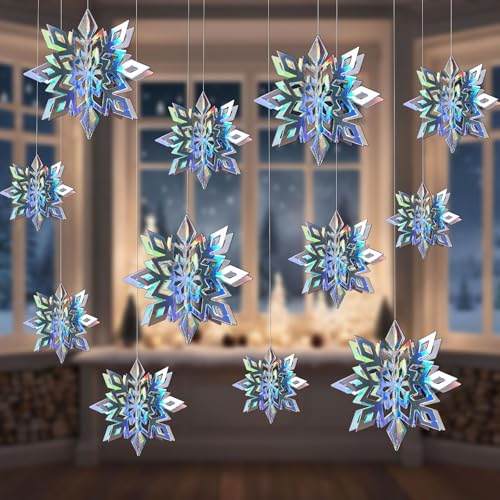 12Pcs Iridescent Snowflake Ornaments for Christmas Tree Winter Decorations