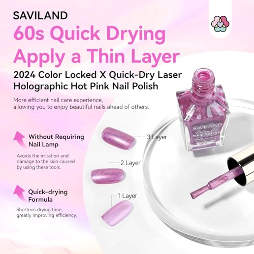 Pink Holographic Nail Polish - Metallic Finish, 10ml, Fast Drying - SAVILAND