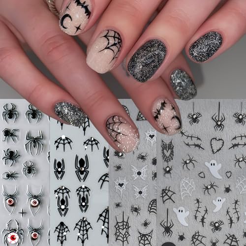 Halloween Crystal Diamonds Spider Web Nail Stickers - Self-Adhesive 3D Decals, Ghost & Bloody Design, 4 Sheets