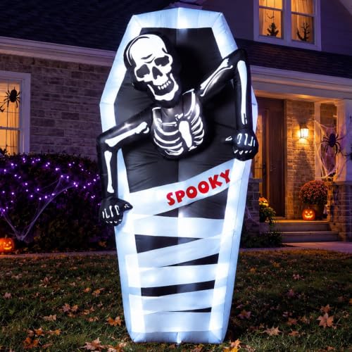7FT Lighted Inflatable Halloween Tombstone with Skeleton and Coffin