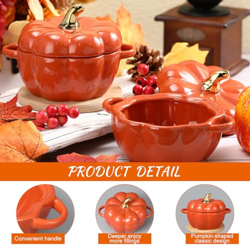 Set of 2 Ceramic Pumpkin Bowls with Lids and Insulation Pads - Orange, 15 oz Fall Decor