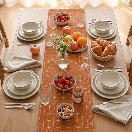 Caramel Cross-Star Textured Table Runner 13x72 Inch Waterproof Rustic Decor
