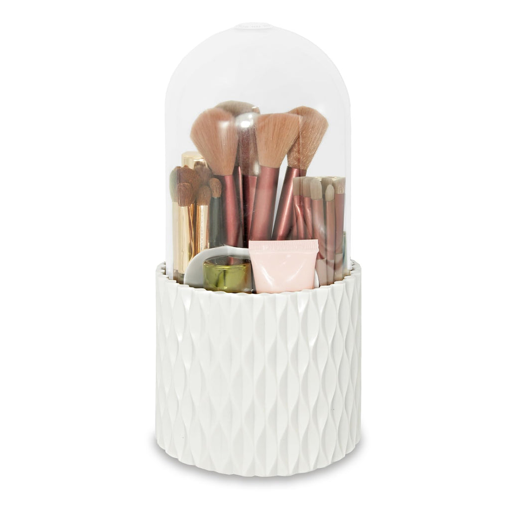 VNIMTI 360°Smooth Rotating Makeup Brush Holder with Dustproof Lid Spinning Vanity Organizer for Beauty Lipstick Perfume,Brushes Storage Container,Countertop,Dressing Table,Bathroom Desk (White)