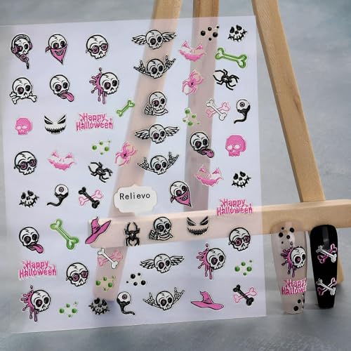 Halloween 5D Nail Art Stickers Set - Pink Embossed Self-Adhesive Decals with Skull Ghost Pumpkin for DIY Manicure 5D Halloween Variation