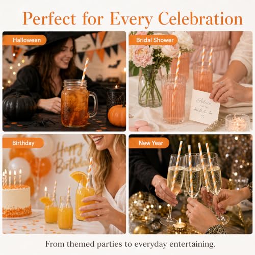 Orange Disposable Paper Straws - 100 Biodegradable Cocktail & Party Straws