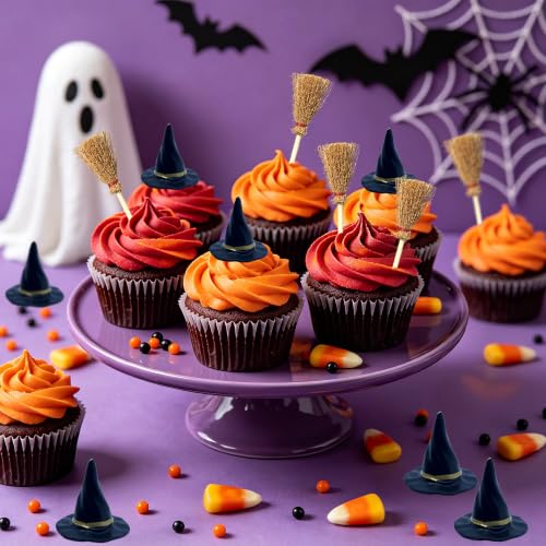 Miniature Witch Hat and Straw Broom Set for Halloween Crafts and Decorations - 40 Pieces