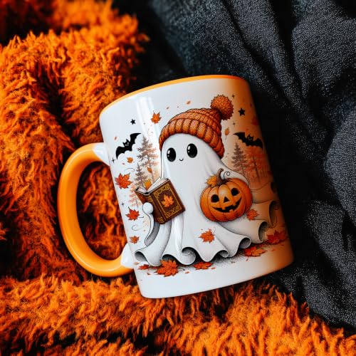 Halloween Ghost Coffee Mug with Spoon - Fall Ghost Gift for Book Lovers - Variation GhoPu26