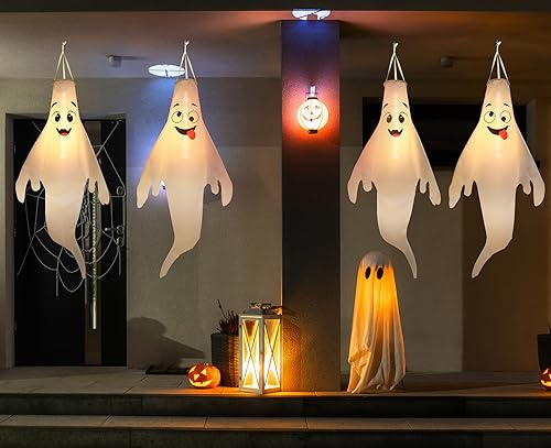Halloween Ghost Decorations Outdoor Set - 4 Cute Hanging Ghosts with Timer & Waterproof LED Lights - Black+Pink