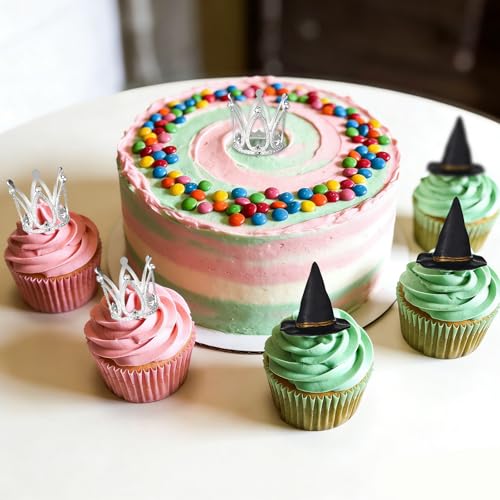 24 Pcs Witch Hat & Silver Crown Cake Toppers for Halloween & Princess Parties