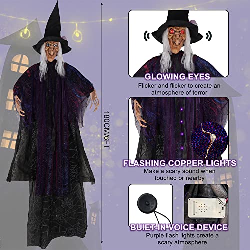 6FT Hanging Halloween Witch with Scary Sound Effects and Red Eyes - Life Size Spooky Decor