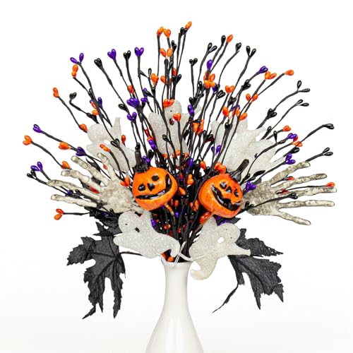 Halloween Floral Picks Set - 17 Inch Spooky Pumpkin Ghost Skeleton Stems