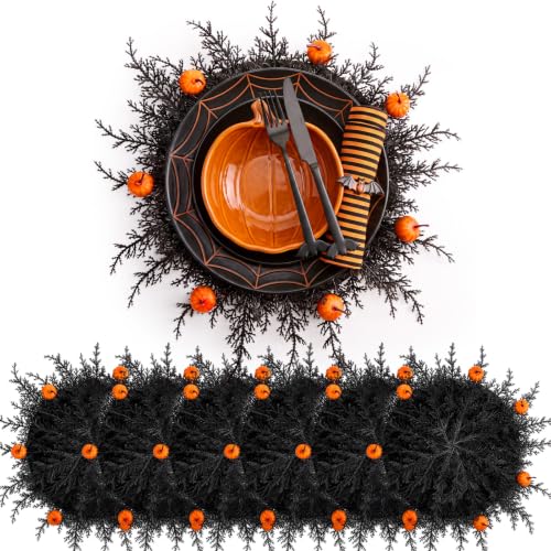 Halloween Placemat Set - 6 Round Pumpkin & Pine Table Mats - Black & Orange - Variation: Pumpkin