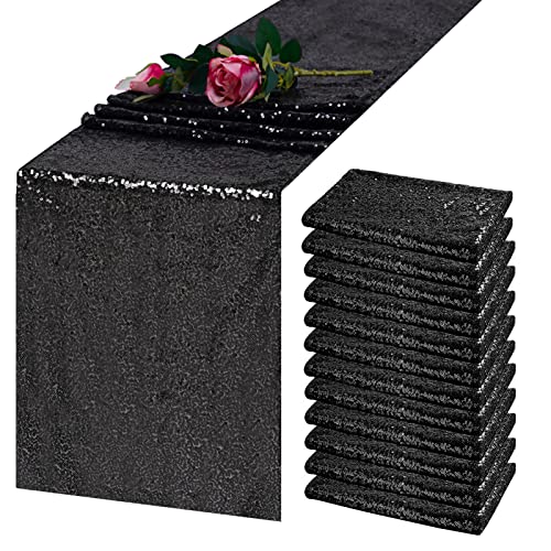 Sequin Table Runner 12x108 Inch Black Set of 12 - Elegant Party Decor