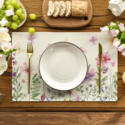 Rectangular Floral Butterfly Placemats Set of 4 - 12x18 Inches Beige Summer Decor