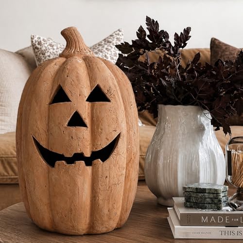 Large Handmade Terracotta Pumpkin Jack O'Lantern Outdoor Indoor - Fall Decor