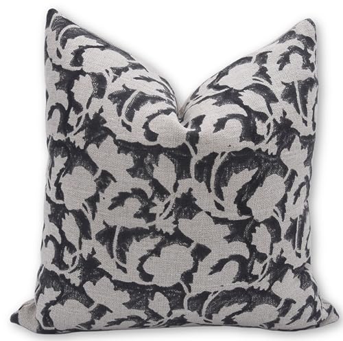 14x14 Linen Throw Pillow Cover Vintage Block Print Cushion Cover for Sofa Bed Black - Handmade