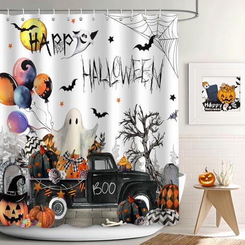 Halloween Shower Curtain with Ghost Pumpkin Balloon Design - Waterproof Fabric, 72x72 inches
