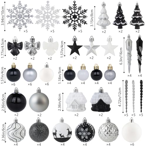 Black, White & Silver Holiday Ornaments Set - 124 Pcs Christmas Tree Decorations - Snowflake, Icicle, Baubles, House & Star Shapes - Variation: Black & White