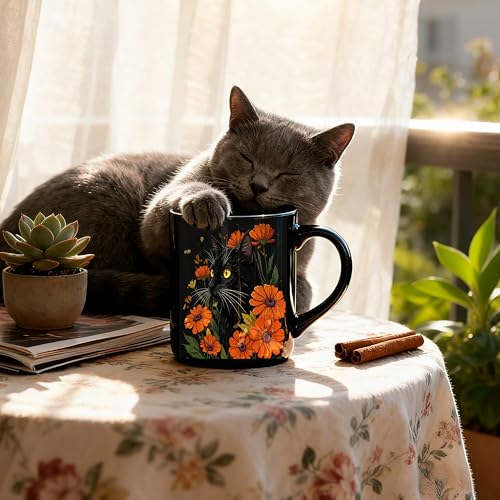 Mystical Black Cat Mug with Orange Daisy Flowers - 11oz Ceramic Coffee Cup - Variation 08