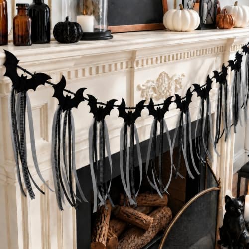 Halloween Bat Garland Set with Ribbons - Black Flying Bat Banners for Decorations