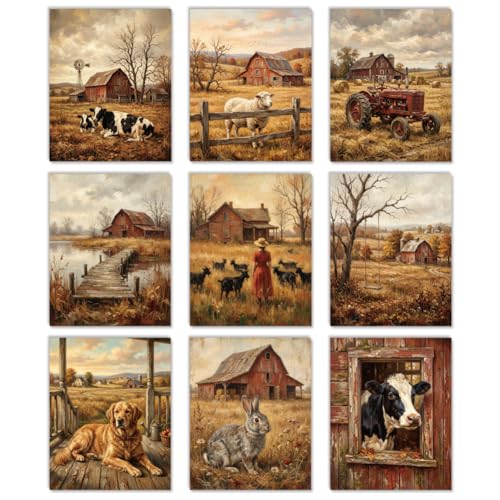 Farmhouse Wall Art Set - 9 Waterproof Canvas Prints for Home Decor - Unframed