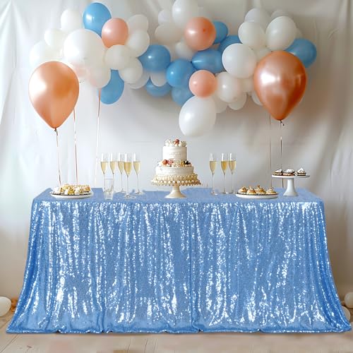 Baby Blue Sequin Tablecloth 90x156 Inch Rectangular Sparkly Fabric for Events - Poise3EHome