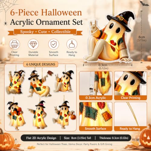 Halloween Ghost Hanging Ornaments Set - 6 Acrylic Patchwork Tree Decorations - Ghost-a-1233