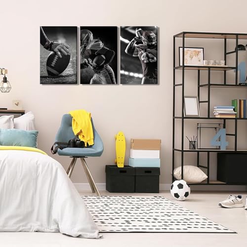 3Pcs Black and White Football Canvas Wall Art - Rugby Sports Decor, 24x16 Inches