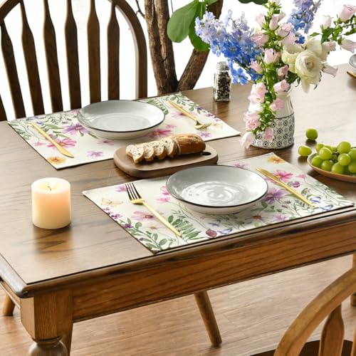 Rectangular Floral Butterfly Placemats Set of 4 - 12x18 Inches Beige Summer Decor