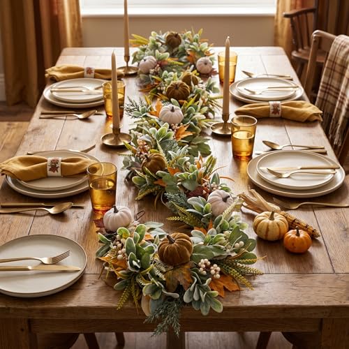 Fall Garland with Velvet Pumpkin Leaves for Mantle & Fireplace Decor