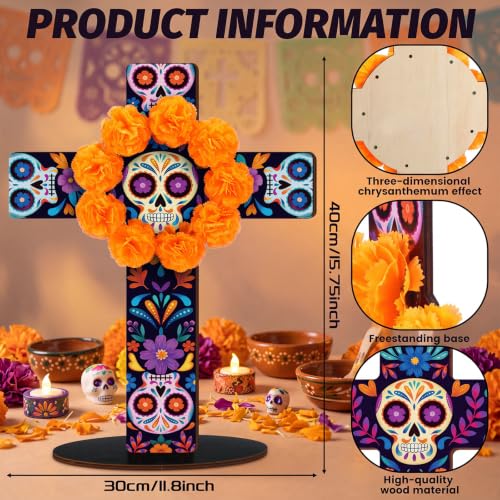 Day of the Dead Table Decor Set - Marigold & Sugar Skull Wooden Crosses, 2 Pieces