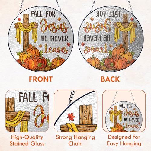 Amber Faith Autumn Stained Glass Window Hanging - 8in Christian Sun Catcher