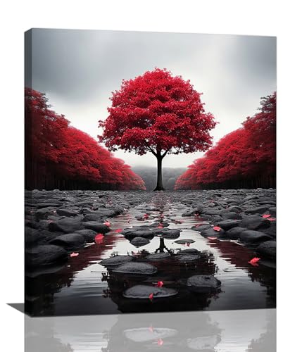 Red Tree Wall Art Canvas Print - Zen Stone River Landscape, Framed, 24x20 Inches - Black and White