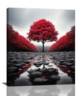 Red Tree Wall Art Canvas Print - Zen Stone River Landscape, Framed, 24x20 Inches - Black and White