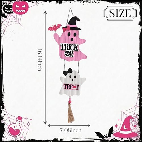 Pink Halloween Wreath for Door & Wall - Cute Ghost & Witch Hat Decor - Medium