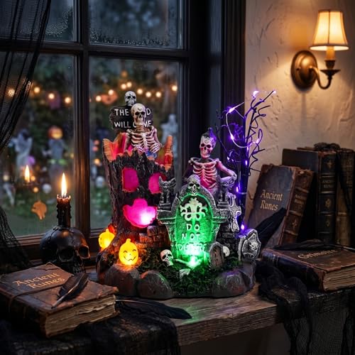 Lighted Halloween Village Scene with Skeleton Trees and Gravestones - Spooky Decor for Home & Party