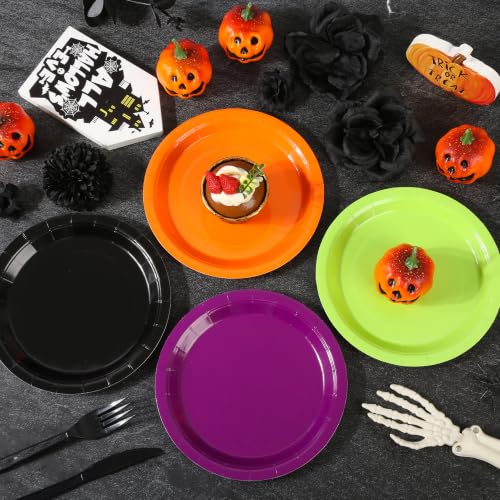 Halloween Paper Plates 7 Inch Set - Orange Green Purple Black 48 Pack - Festive Disposable Dinnerware
