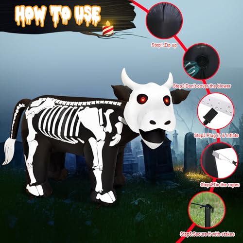 Halloween Inflatable Cow Skeleton 6FT Outdoor Yard Decoration with Lights