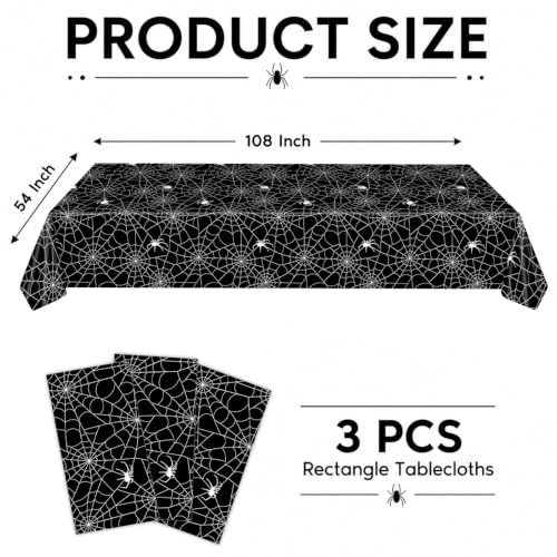 Merriva Black Spider Web Halloween Plastic Tablecloth Set - Disposable 54x108 Inch Rectangular Cover with Spooky Cobweb & Spider Print, 3 Pieces