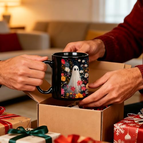 Dark Wildflower Ghost Halloween Mug - Holiday 02, 11oz Ceramic Coffee Cup