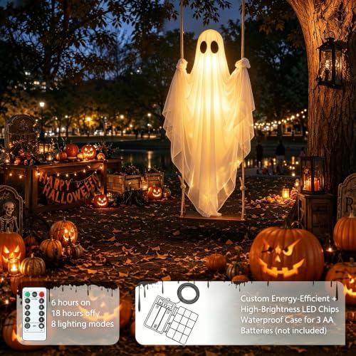 Outdoor Hanging Ghost Swing Decoration 4-8FT with Remote Light - White, Cool White Variation